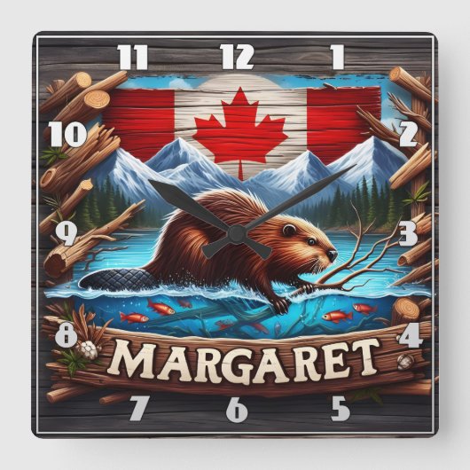 山と森の近くで泳ぐカナディアン・ビーバー スクエア壁時計 (正面)