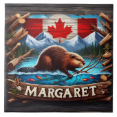 山と森の近くで泳ぐカナディアン・ビーバー タイル (正面)