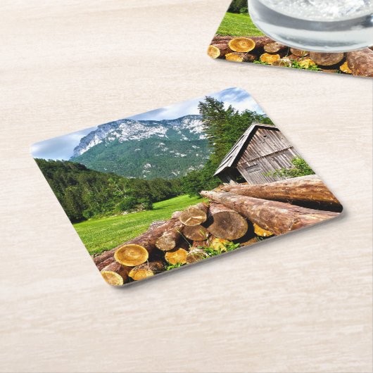 山と森林の伐採キャンプ スクエアペーパーコースター (アングル)