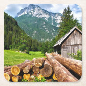 山と森林の伐採キャンプ スクエアペーパーコースター (正面)