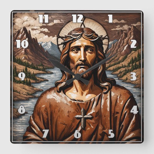 山と水路に囲まれたイエス スクエア壁時計 (正面)