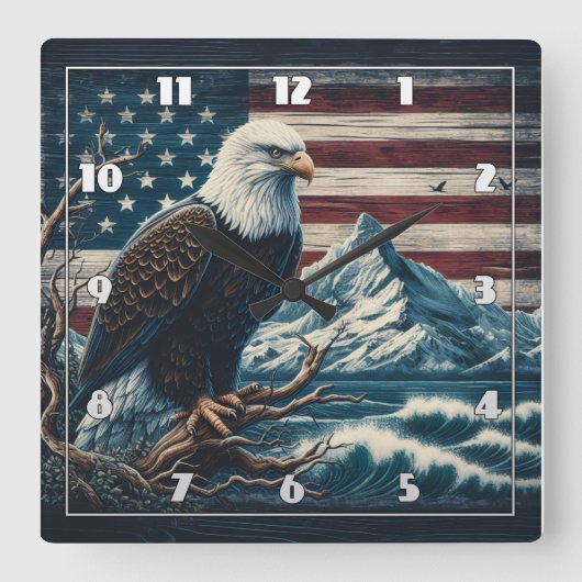山と波の近くの枝に止まるワシ スクエア壁時計 (正面)