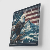 山と波の近くの枝に止まるワシ スクエア壁時計 (傾斜)