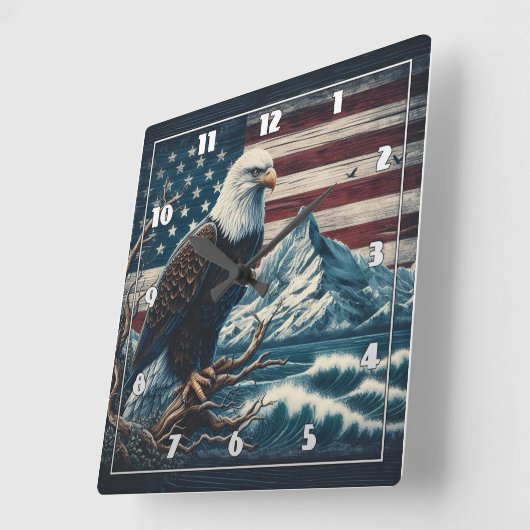 山と波の近くの枝に止まるワシ スクエア壁時計 (傾斜)