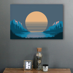 山と湖の夕日 ポスター