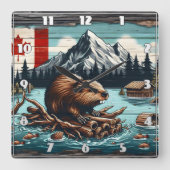山と湖の近くにあるカナディアン・ビーバー スクエア壁時計 (正面)