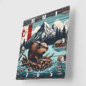 山と湖の近くにあるカナディアン・ビーバー スクエア壁時計 (傾斜)