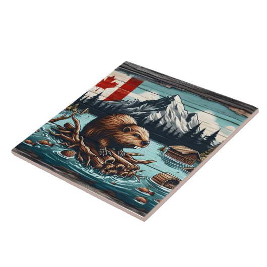 山と湖の近くにあるカナディアン・ビーバー タイル (側面)