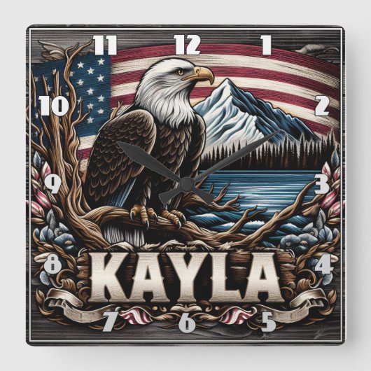 山と湖の近くに止まったハゲのワシ スクエア壁時計 (正面)