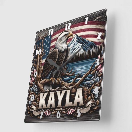 山と湖の近くに止まったハゲのワシ スクエア壁時計 (傾斜)