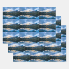 山と湖の風光明媚な自然写真パターン ラッピングペーパーシート