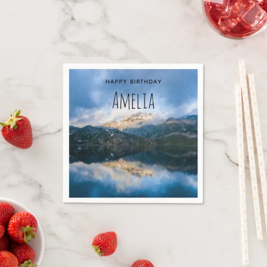 山と湖景勝地自然写真誕生日 スタンダードカクテルナプキン (インサイチュ)