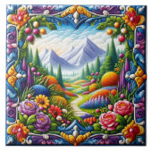 山と花の風景瓦 タイル (正面)