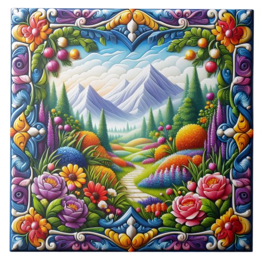 山と花の風景瓦 タイル (正面)