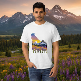 山と野の花をモチーフにしたアイダホ州の形 Tシャツ