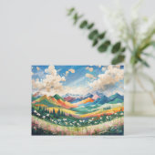 山と野カラフル花の絵を描芸術 ポストカード (スタンド正面)