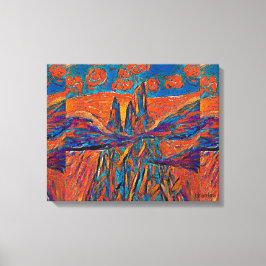 山と雲の上の空にオレンジ色のバラ キャンバスプリント