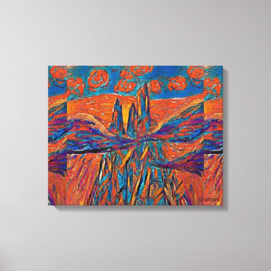 山と雲の上の空にオレンジ色のバラ キャンバスプリント (正面)