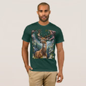 山に囲まれたオジロジカのキャラクター Tシャツ (正面フル)
