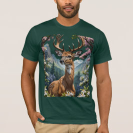 山に囲まれたオジロジカのキャラクター Tシャツ