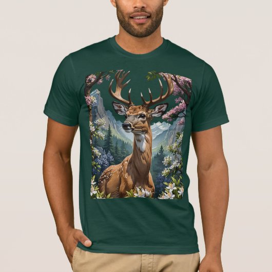 山に囲まれたオジロジカのキャラクター Tシャツ (正面)