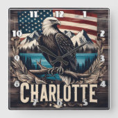 山に囲まれたシャーロットを見下ろすハゲのワシ スクエア壁時計 (正面)