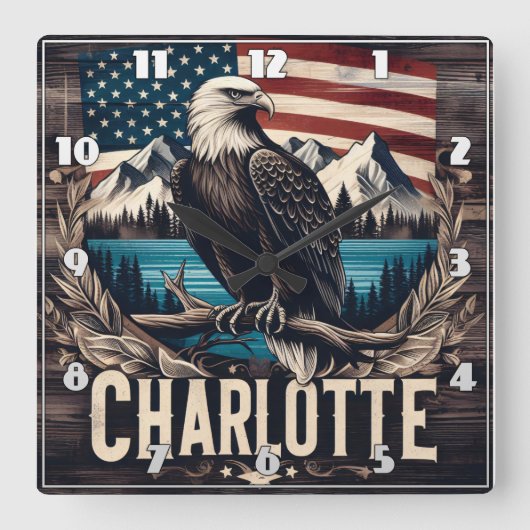山に囲まれたシャーロットを見下ろすハゲのワシ スクエア壁時計 (正面)