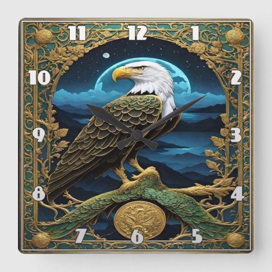 山に囲まれたワシ スクエア壁時計 (正面)
