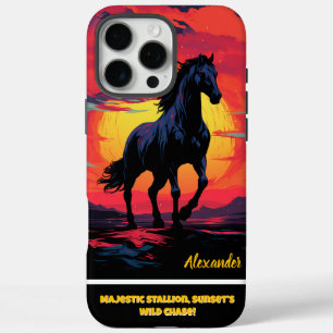 山に囲まれた夕暮れ時に黒馬が駆ける iPhone 16 PRO MAXケース