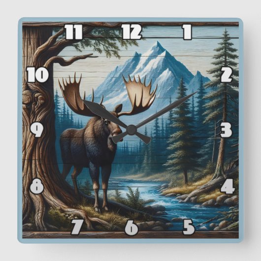 山に囲まれた川のそばのムース スクエア壁時計 (正面)