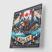 山に囲まれた川辺のビーバー スクエア壁時計 (傾斜)