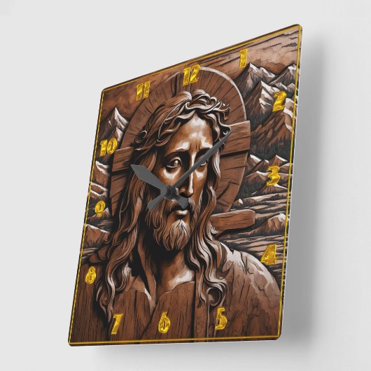 山に囲まれた森で彫られたイエス スクエア壁時計 (傾斜)