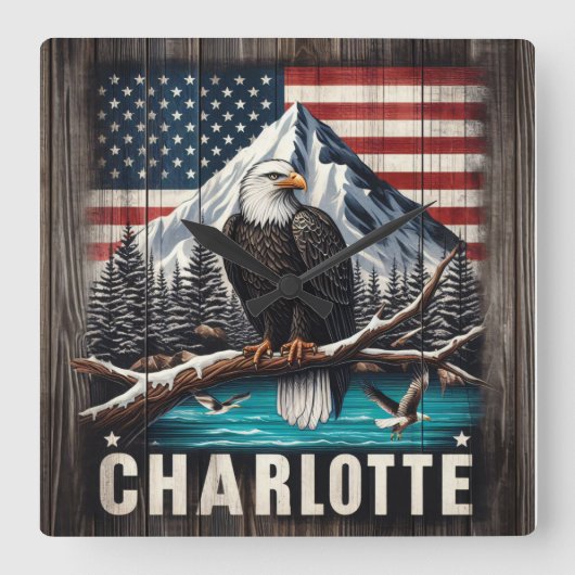 山に囲まれた禿げたワシ スクエア壁時計 (正面)