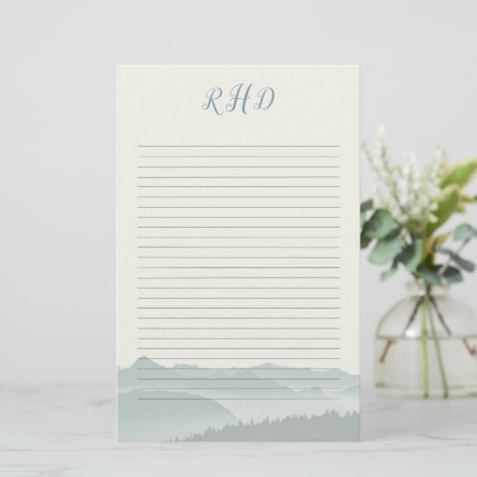 山に囲まれた筆記用紙モノグラムの 便箋 (スタンド正面)