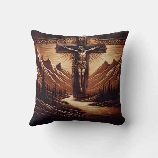 山に対して十字架につけられた威厳のあるイエス クッション (裏面)