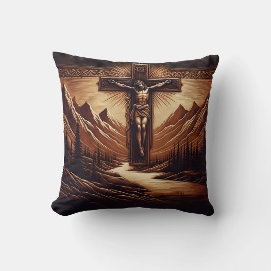 山に対して十字架につけられた威厳のあるイエス クッション (正面)