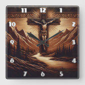 山に対して十字架につけられた威厳のあるイエス スクエア壁時計 (正面)