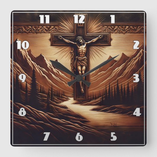 山に対して十字架につけられた威厳のあるイエス スクエア壁時計 (正面)