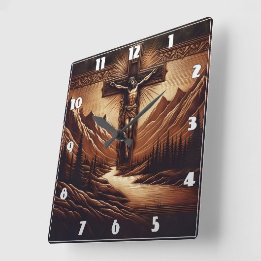 山に対して十字架につけられた威厳のあるイエス スクエア壁時計 (傾斜)