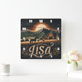 山に馬とバーを持つ農場の夕日 スクエア壁時計