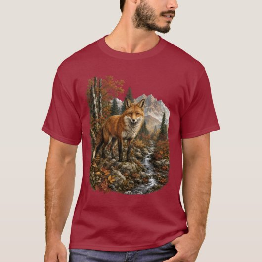 山のせせらぎと雄大な秋の狐 Tシャツ (正面)