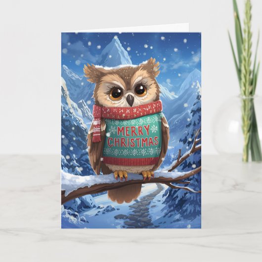 山のふもとの心地よいフクロウのクリスマスカード シーズンカード (正面)