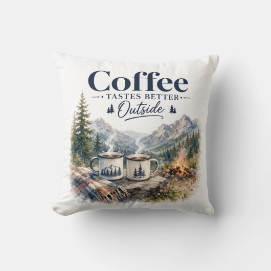 山のキャンプファイヤーで飲むコーヒーは格別 クッション (正面)