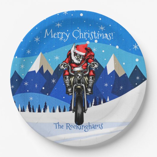 山のクリスマスでバイクに乗るサンタ   ペーパープレート (正面)
