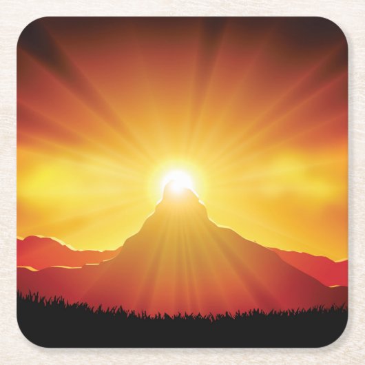 山のコースターセットの上の美しい夕日 スクエアペーパーコースター (正面)