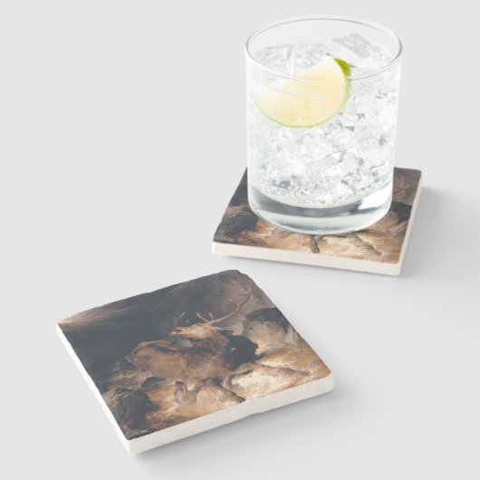 山のトレントで鹿と猟犬 ストーンコースター (横)