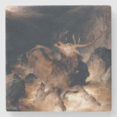 山のトレントで鹿と猟犬 ストーンコースター (正面)