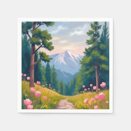 山のハイキング | 花の自然の風景 水彩画 スタンダードカクテルナプキン