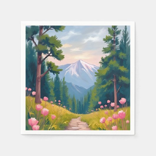 山のハイキング | 花の自然の風景 水彩画 スタンダードカクテルナプキン (正面)