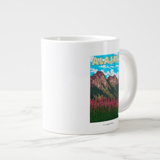 山のビンテージの旅行ポスターを持つハエ ジャンボコーヒーマグカップ (正面右)